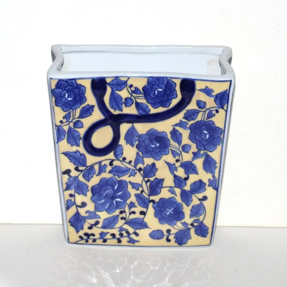 Chinese Porcelain Wall Pocket Vase Planter Yellow Blue chinoiserie Square holder
